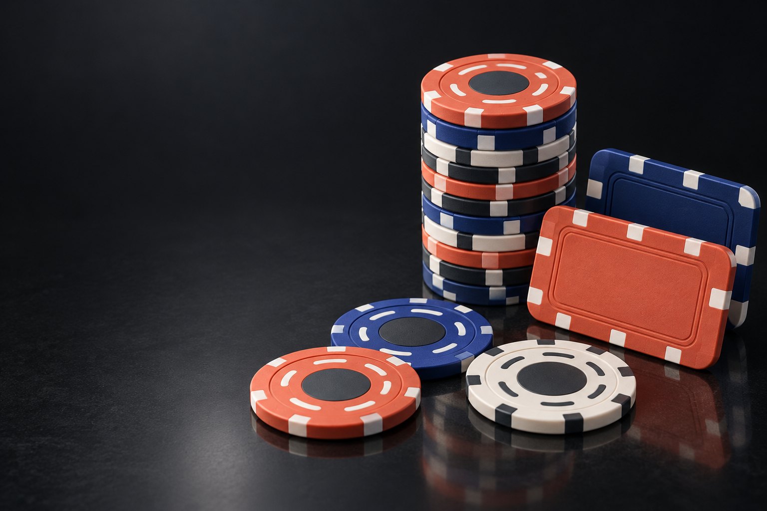 Stack of round casino chips and rectangular plaques